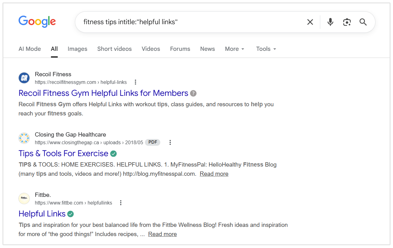 Google search for resource pages